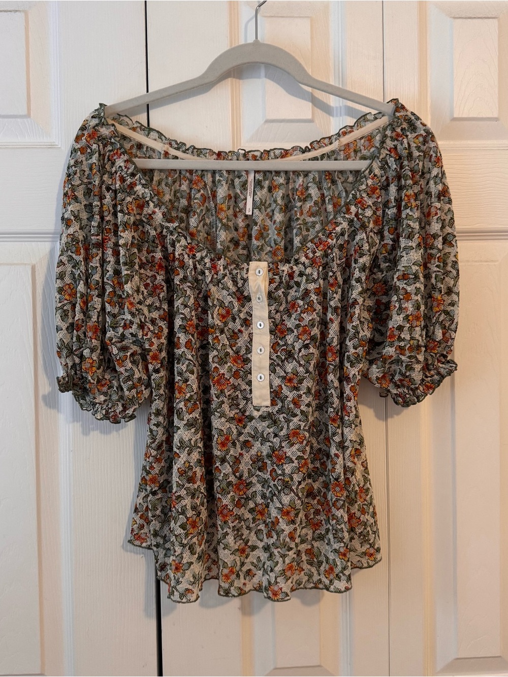 Free People Olive and Rust Floral Puff-Sleeve Blouse